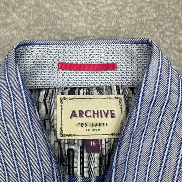 Ted Baker Archive Shirt Mens Size 16 Blue Striped Preppy Long Sleeve Herringbone - Picture 2 of 15